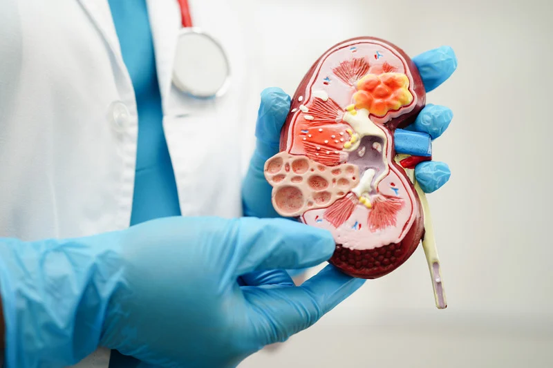 Specialist holding a kidney model to explain end-stage renal disease (ESRD) treatment and dialysis access in the Greater Providence area